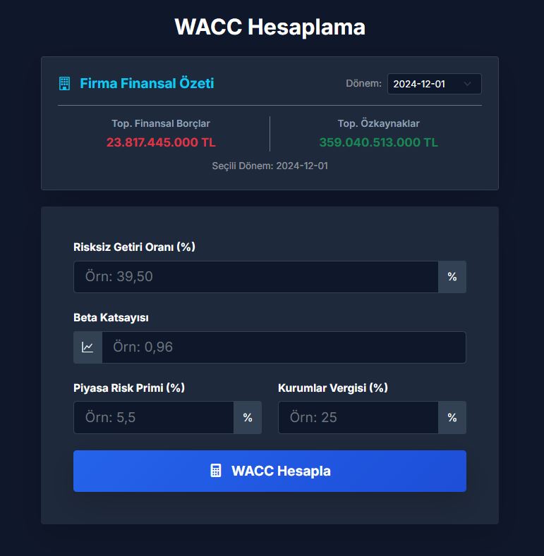 WACC ve Dönem Seçimi Ekranı